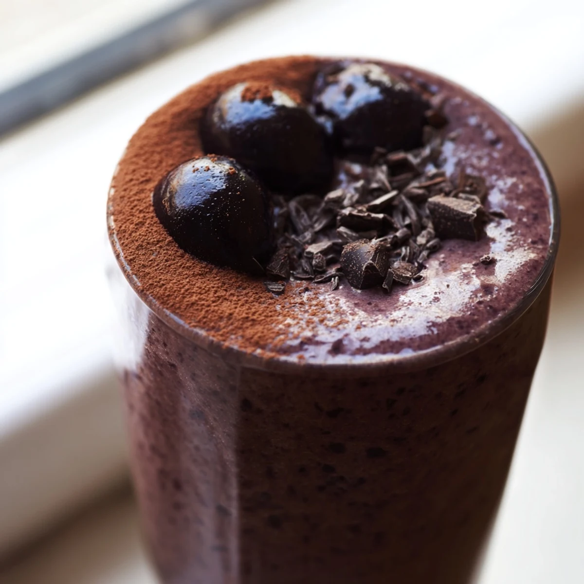 Creamy chocolate cherry protein shake blended smooth and poured into a mason jar