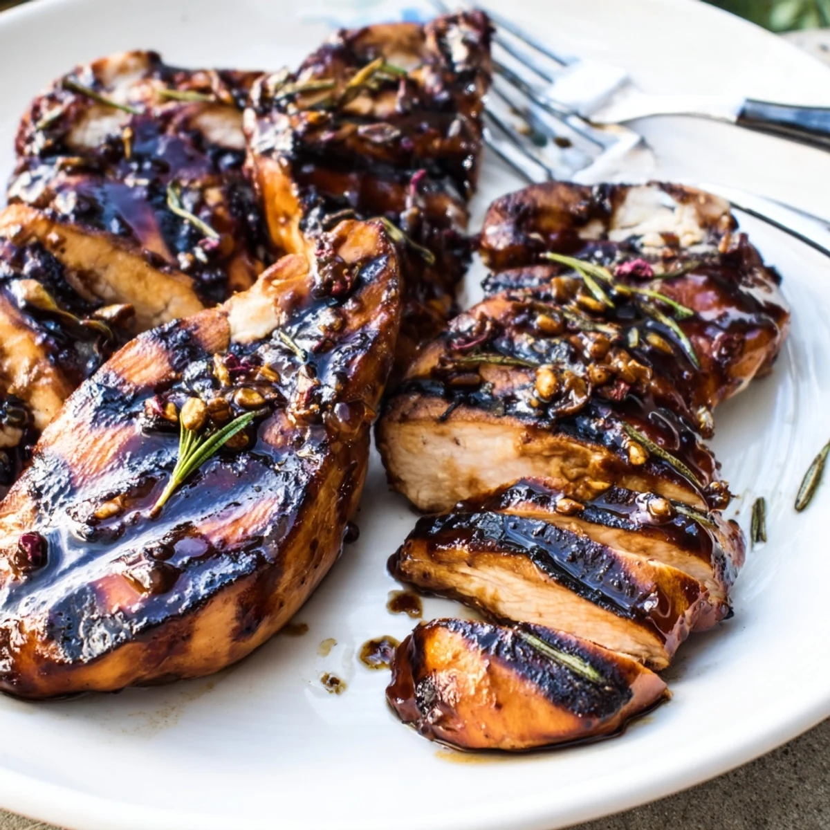 Juicy Marinated Balsamic Chicken fresh off the grill with golden char marks