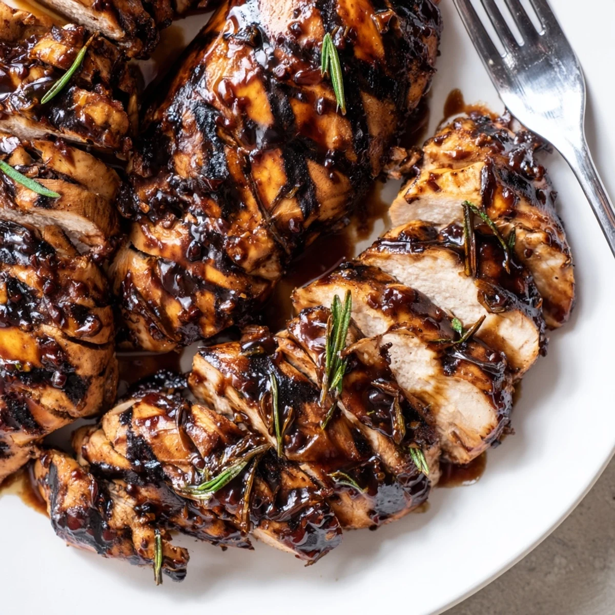 Tender Marinated Balsamic Chicken sliced and garnished with parsley and lemon wedges