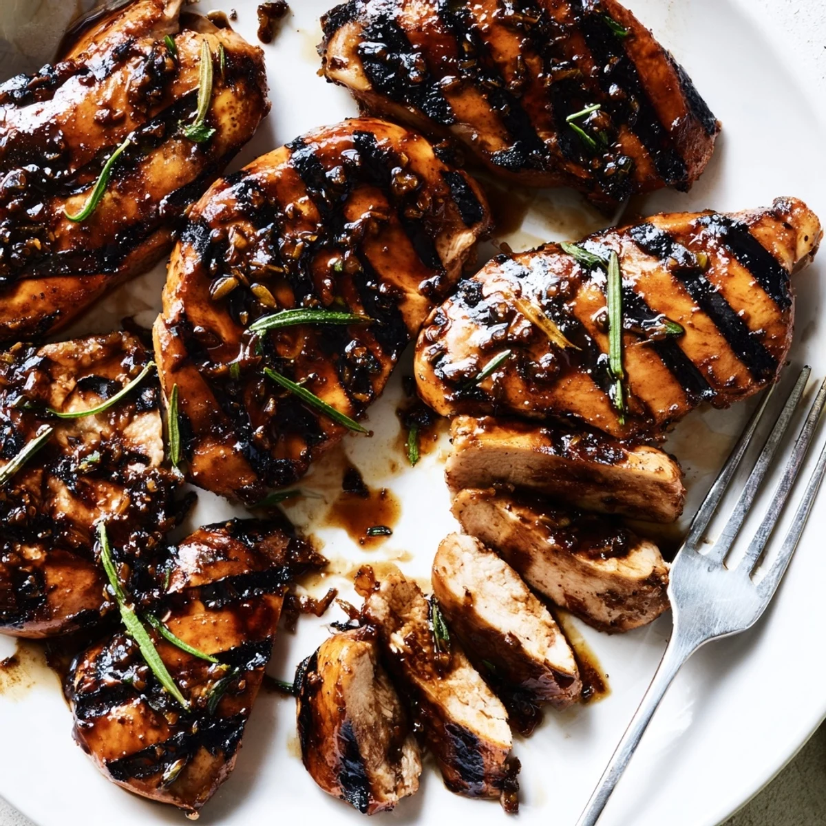 Perfectly grilled Marinated Balsamic Chicken drizzled with a rich, tangy garlic herb glaze
