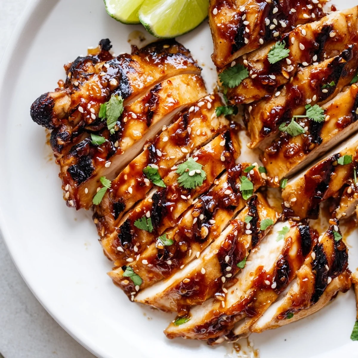 Sliced sweet chili grilled chicken garnished with sesame seeds cilantro and lime wedges