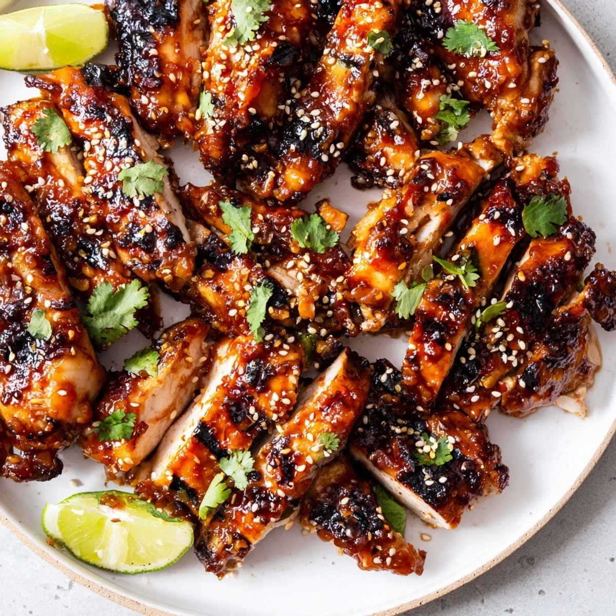 Juicy sweet chili grilled chicken with a glossy sticky glaze fresh off the barbecue