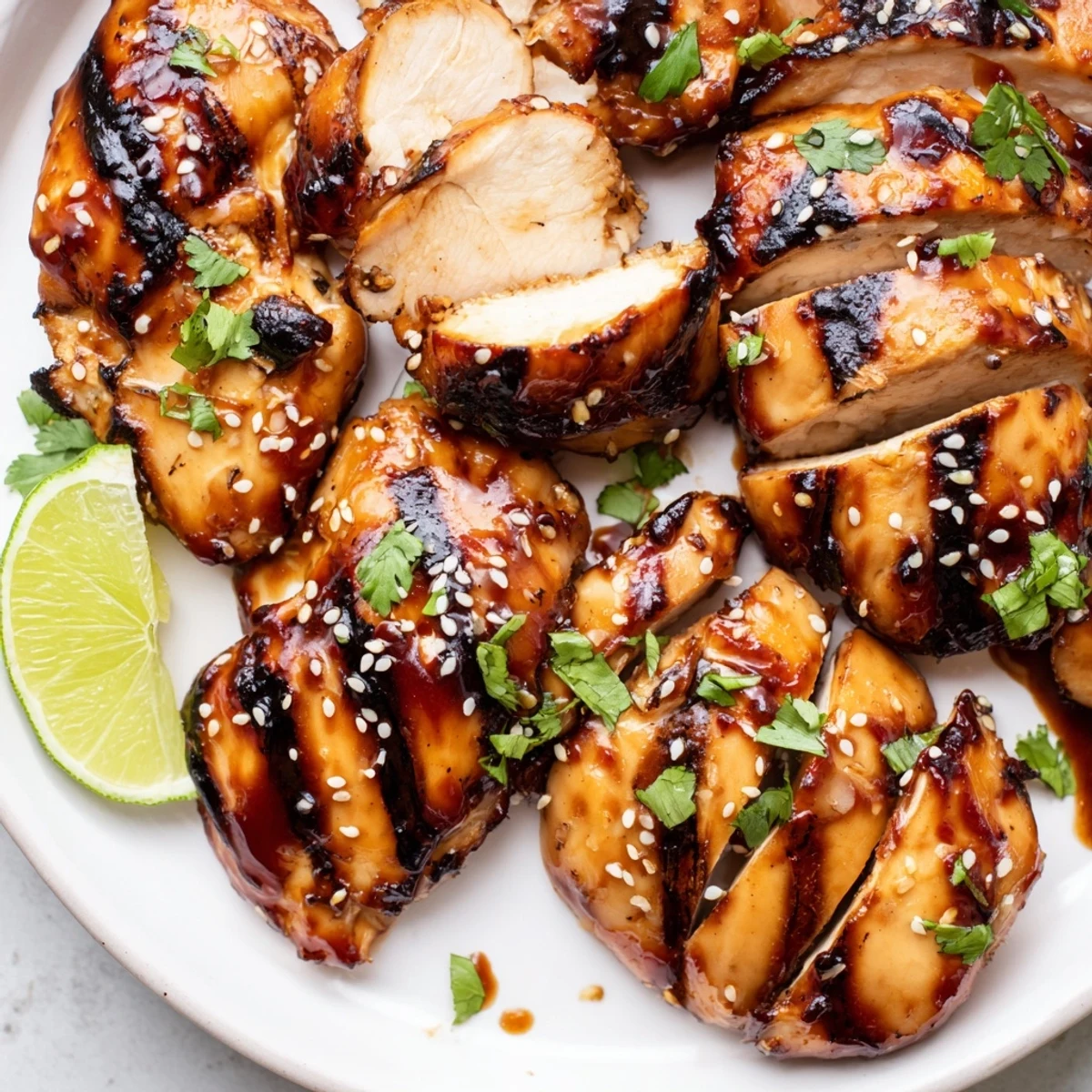Charred sweet chili grilled chicken basted in tangy honey glaze served on a platter