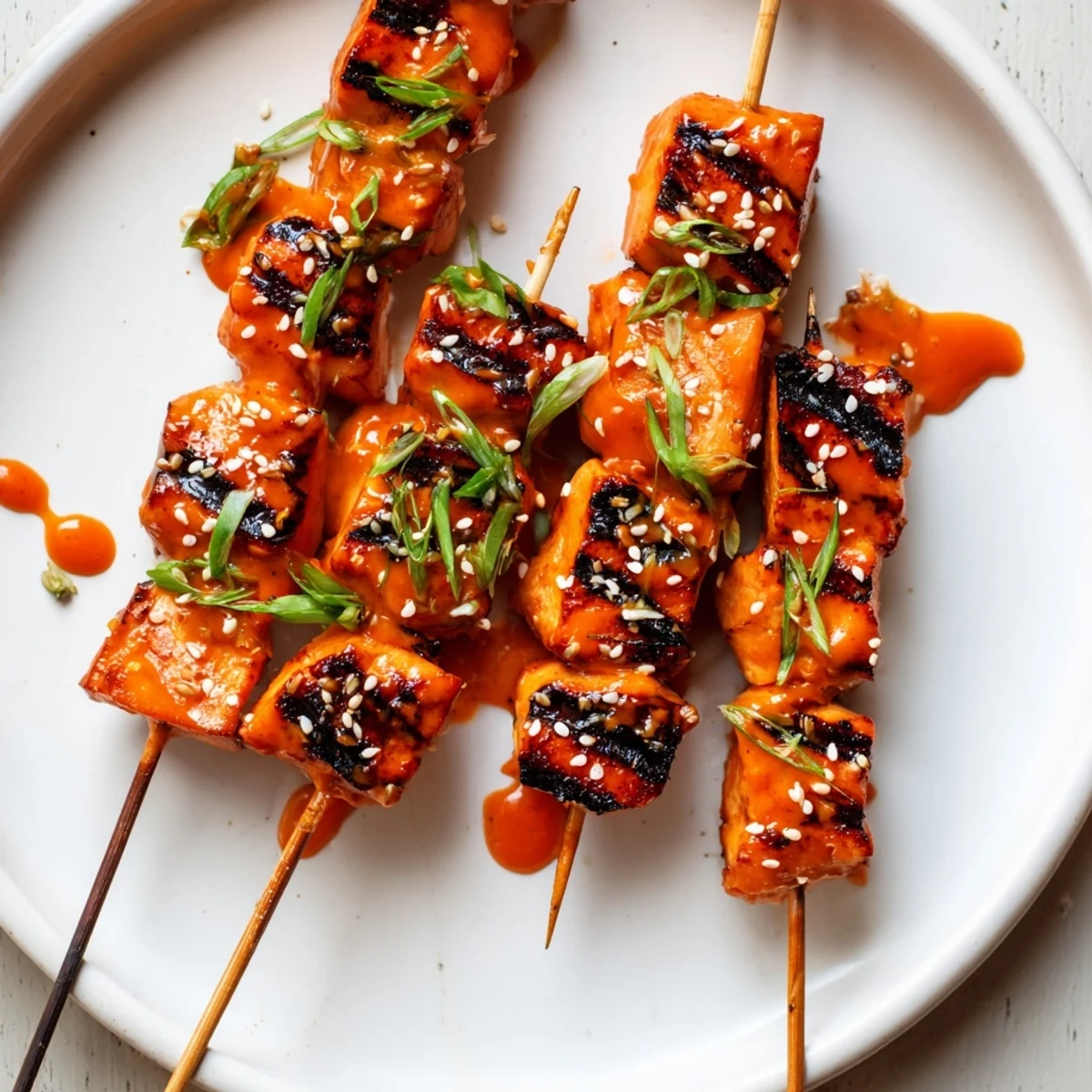 Juicy Bang Bang Chicken Skewers grilled until golden with creamy spicy sauce drizzled on top