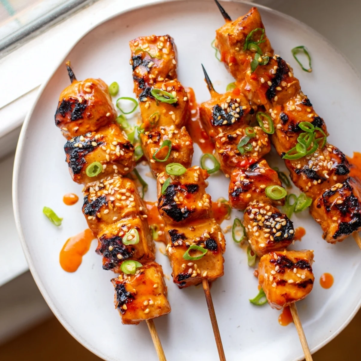 Crispy-edged Bang Bang Chicken Skewers resting on a platter coated in sweet chili Sriracha glaze