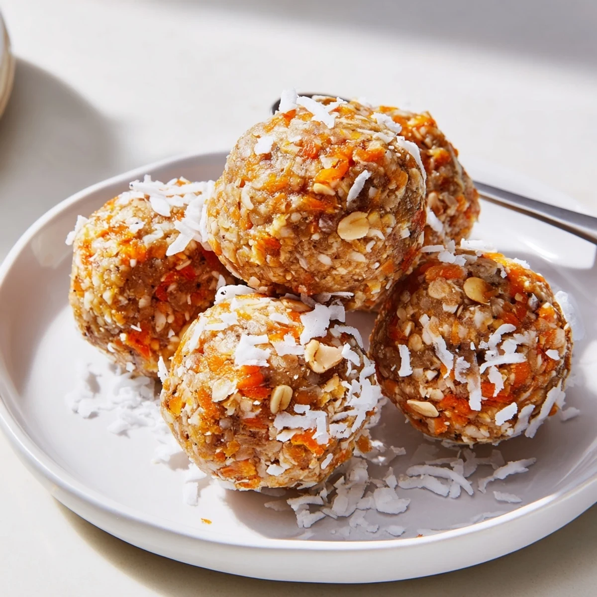 Golden carrot cake energy balls studded with walnuts and warm spices