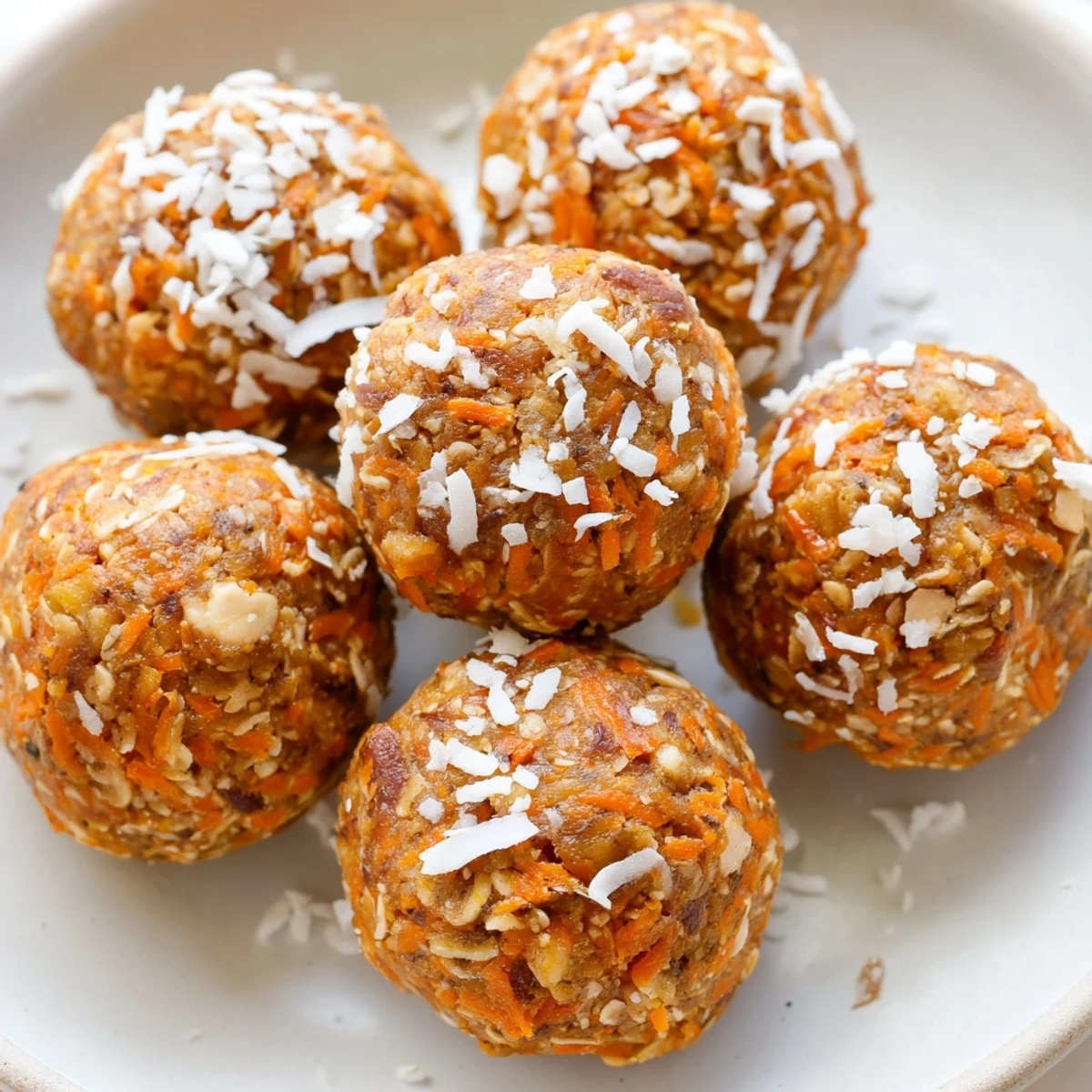 Chewy carrot cake energy balls rolled in coconut on a rustic wooden board