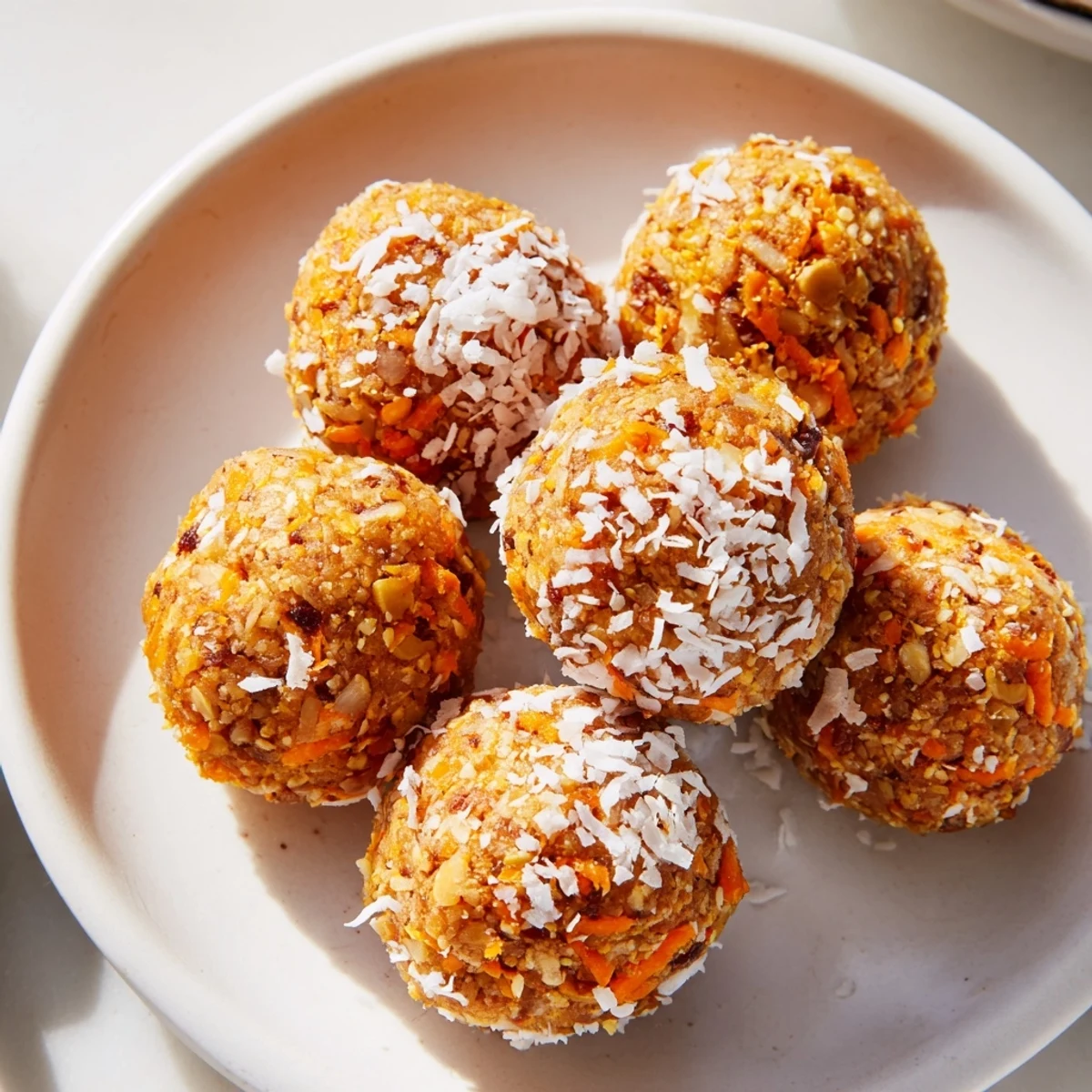 A plate of no-bake carrot cake energy balls dusted with fragrant cinnamon