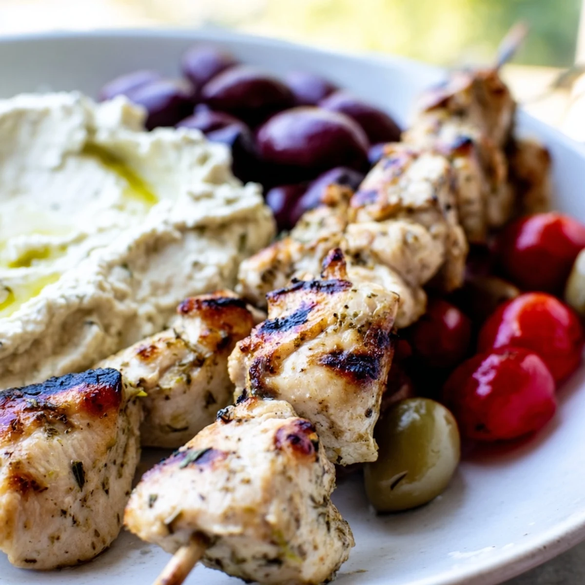 A colorful Greek chicken souvlaki grazing board loaded with grilled skewers, fresh veggies, and creamy garlic feta dip.