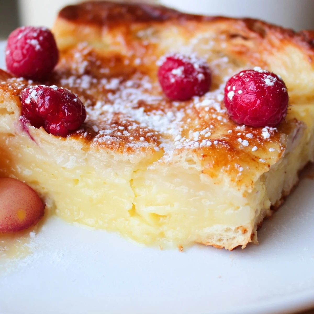 Golden baked custard brioche pizza with creamy vanilla custard and caramelized edges fresh from the oven.