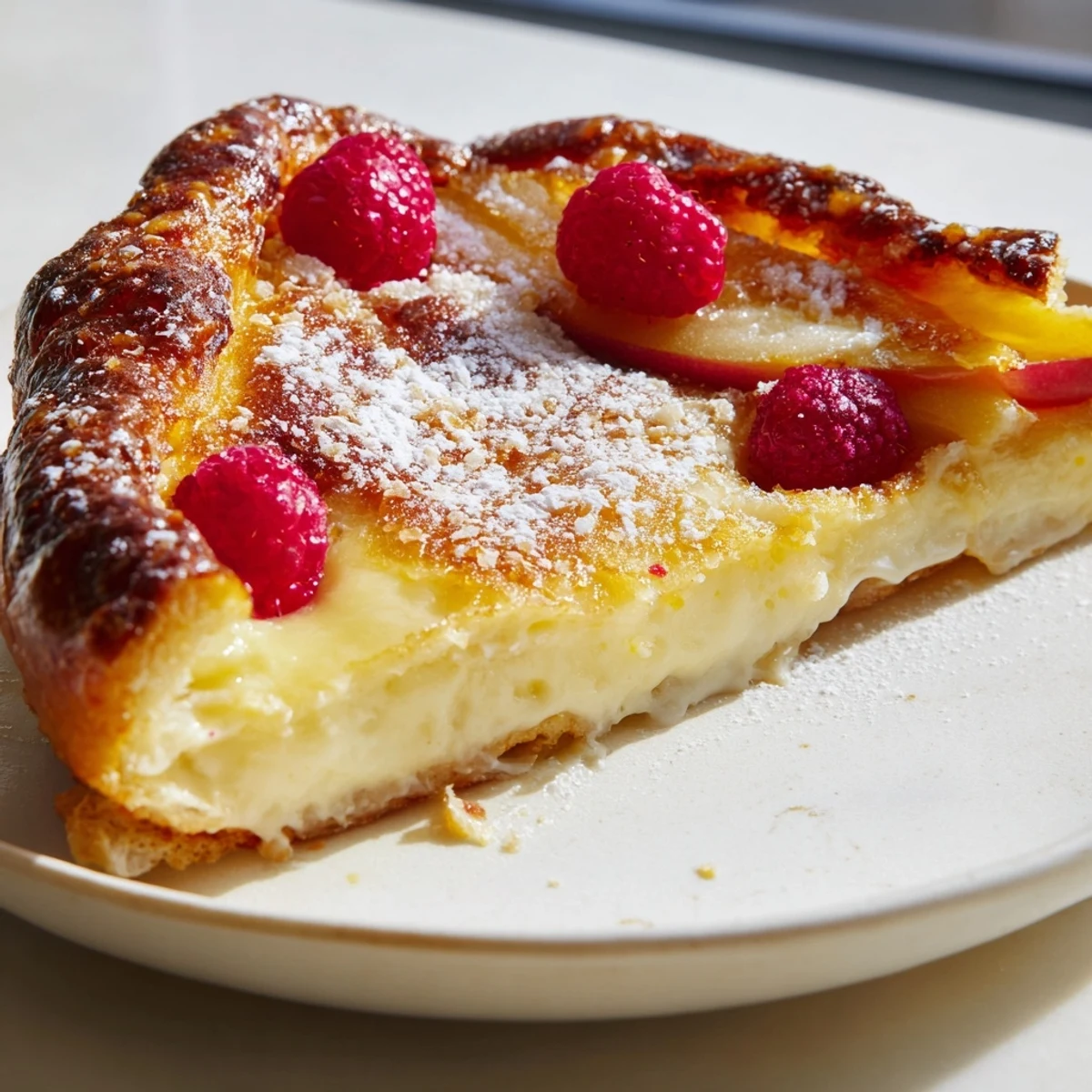 Warm baked custard brioche pizza sliced and dusted with powdered sugar on a rustic cutting board.