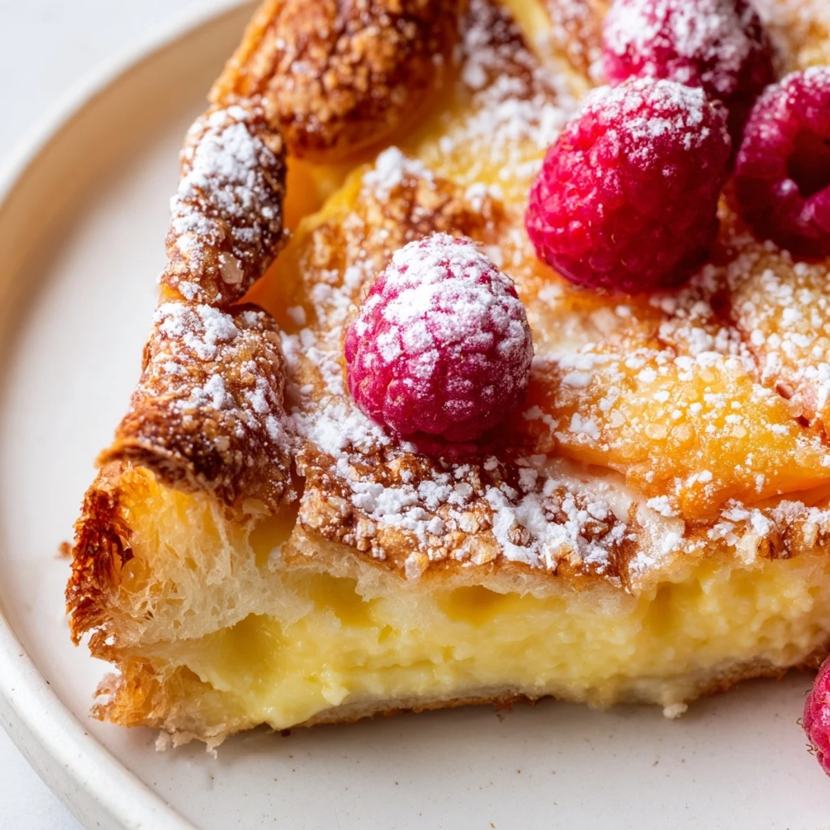 Pillowy baked custard brioche pizza topped with silky custard and fresh berries on a elegant platter.