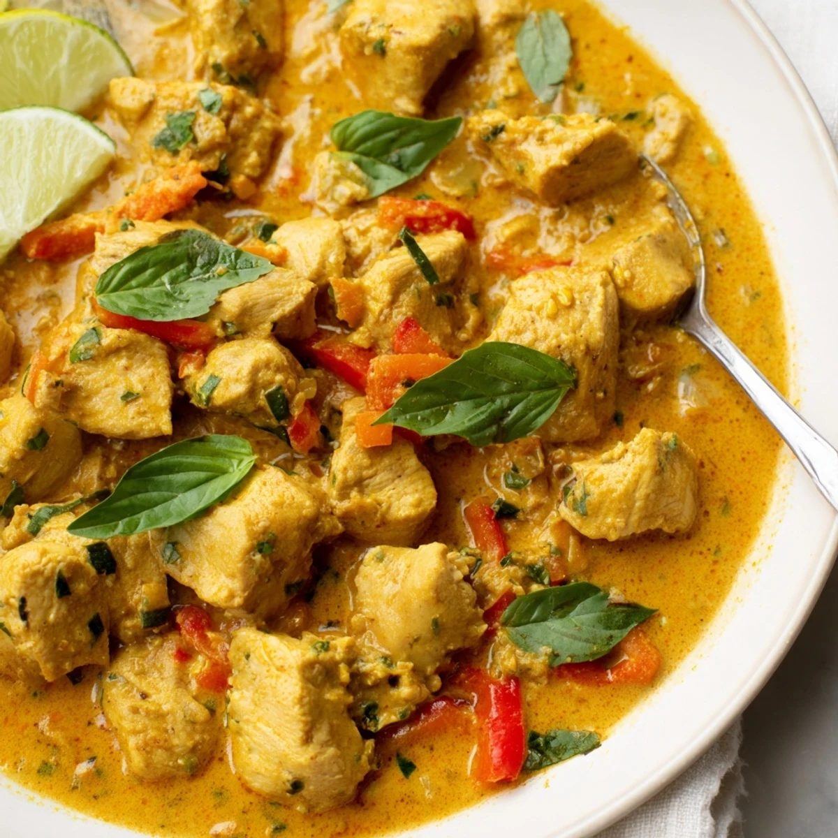 Golden basil chicken in creamy coconut curry sauce served over steamed jasmine rice