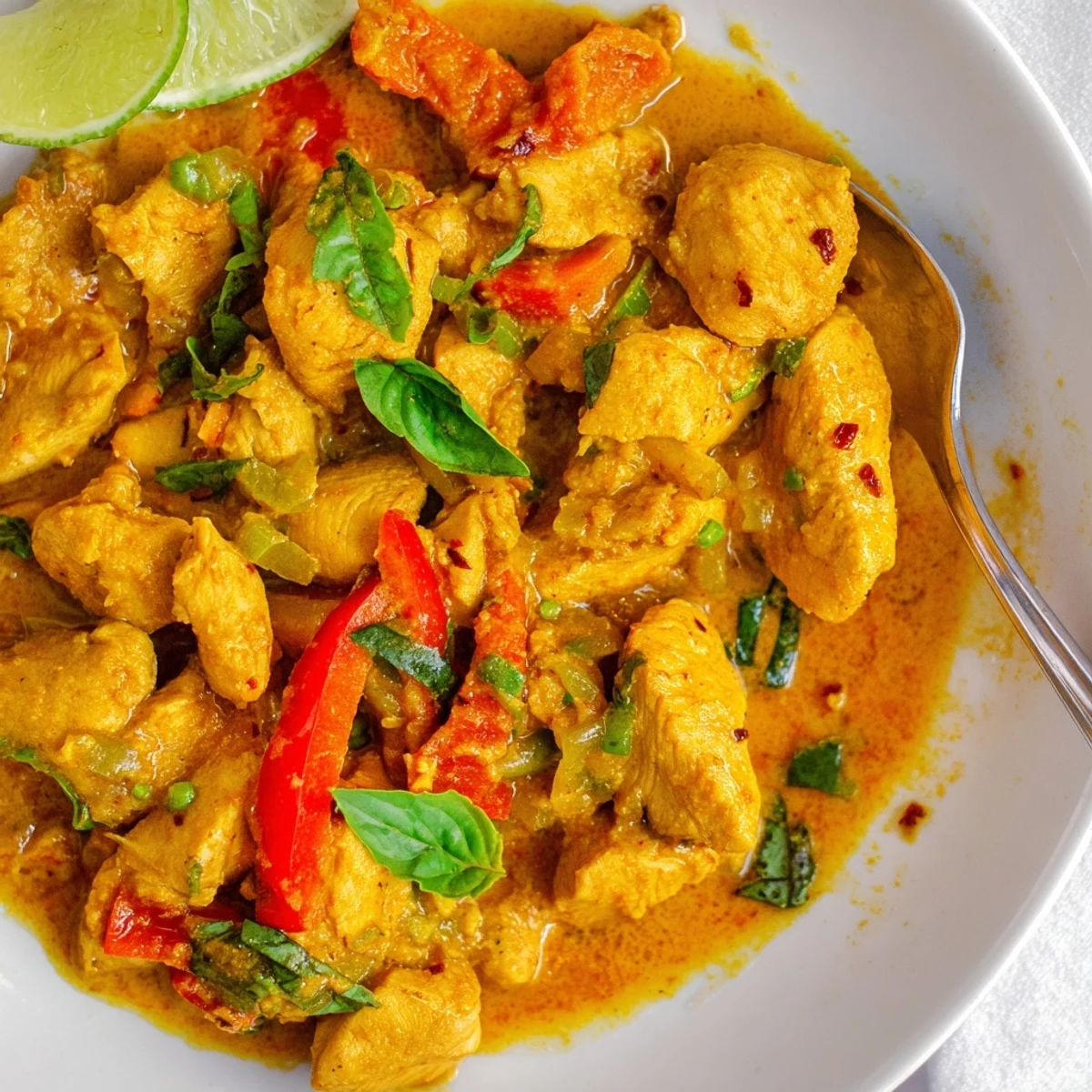 Tender basil chicken simmered in rich coconut curry sauce with fresh basil leaves