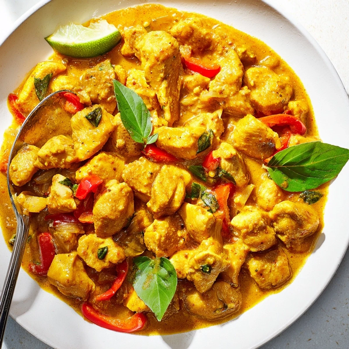 Spicy basil chicken with coconut curry sauce garnished with herbs in a skillet