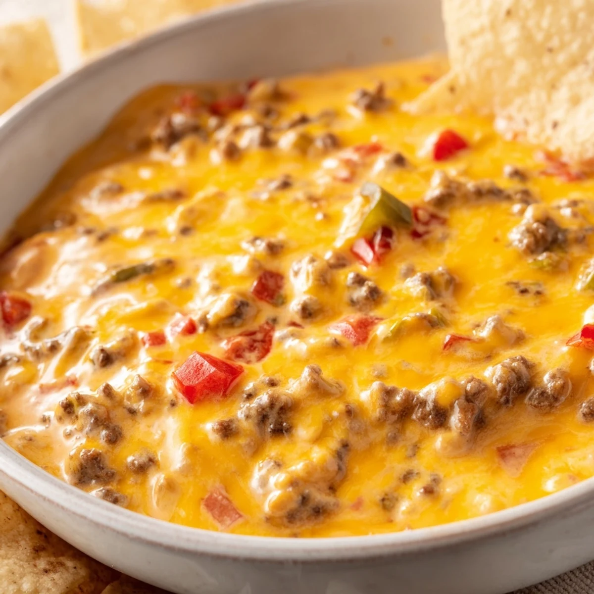 Creamy Rotel Dip recipe served hot with golden tortilla chips for dipping