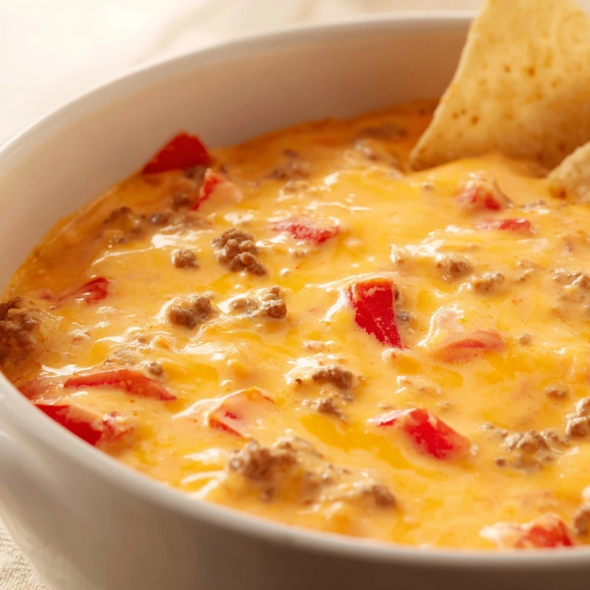 Bubbling Rotel Dip recipe topped with melted cheese and zesty diced tomatoes