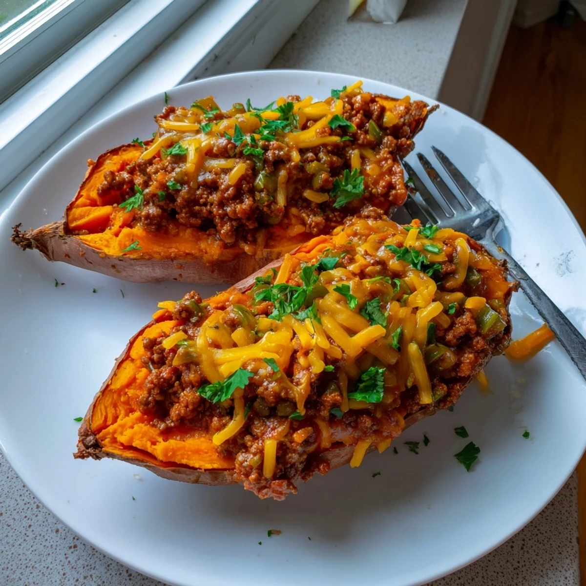 Savory spiced beef filling overflowing tender roasted Sloppy Joe sweet potatoes
