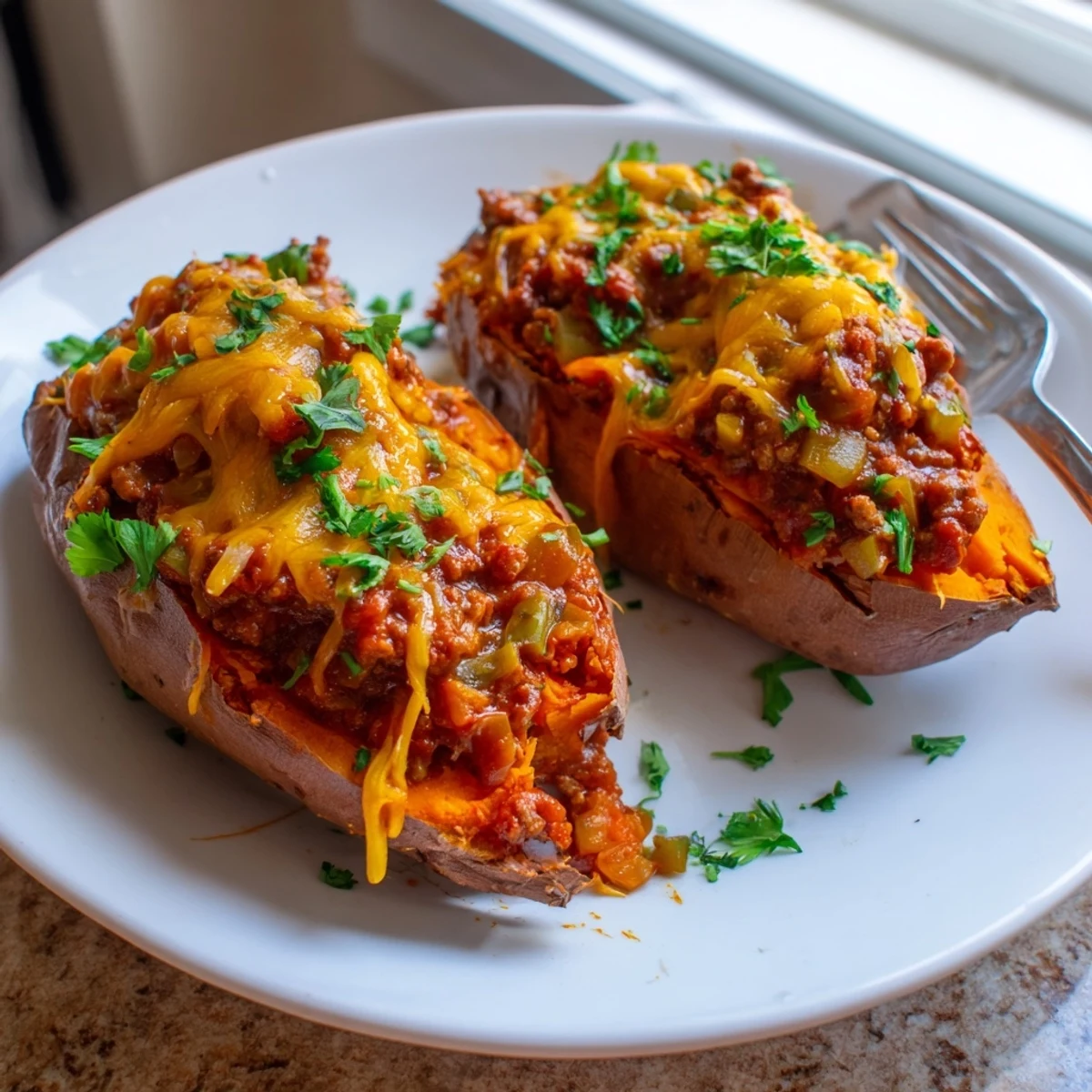 Hearty Sloppy Joe sweet potatoes topped with melted cheddar and fresh parsley