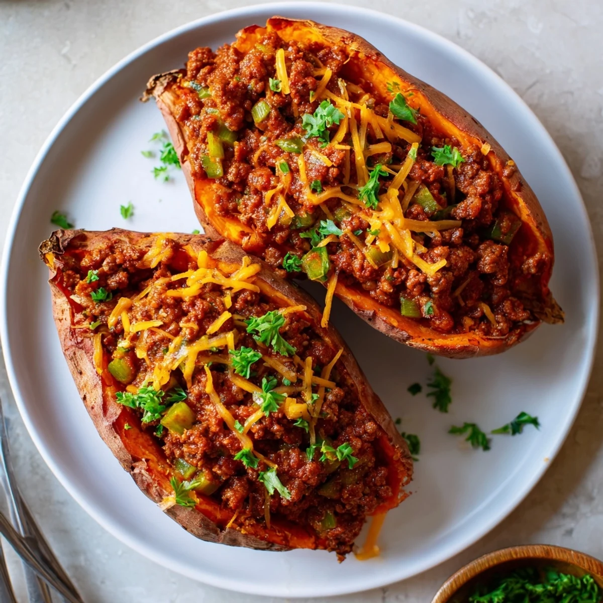 Golden baked sweet potatoes loaded with saucy Sloppy Joe ground beef mixture