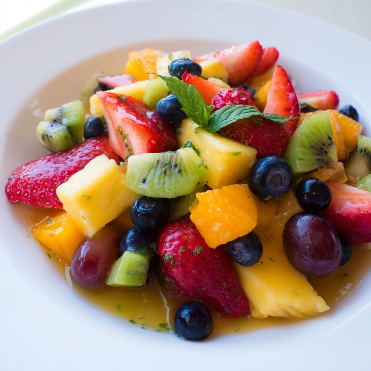 Colorful fruit salad with honey lime dressing glistening over fresh berries and tropical fruit in a serving bowl