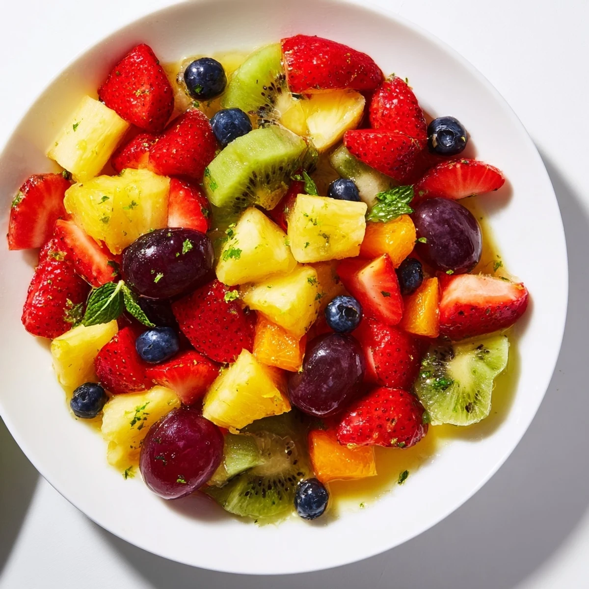 Glossy honey lime dressing coats juicy strawberries mango and kiwi in this vibrant fruit salad