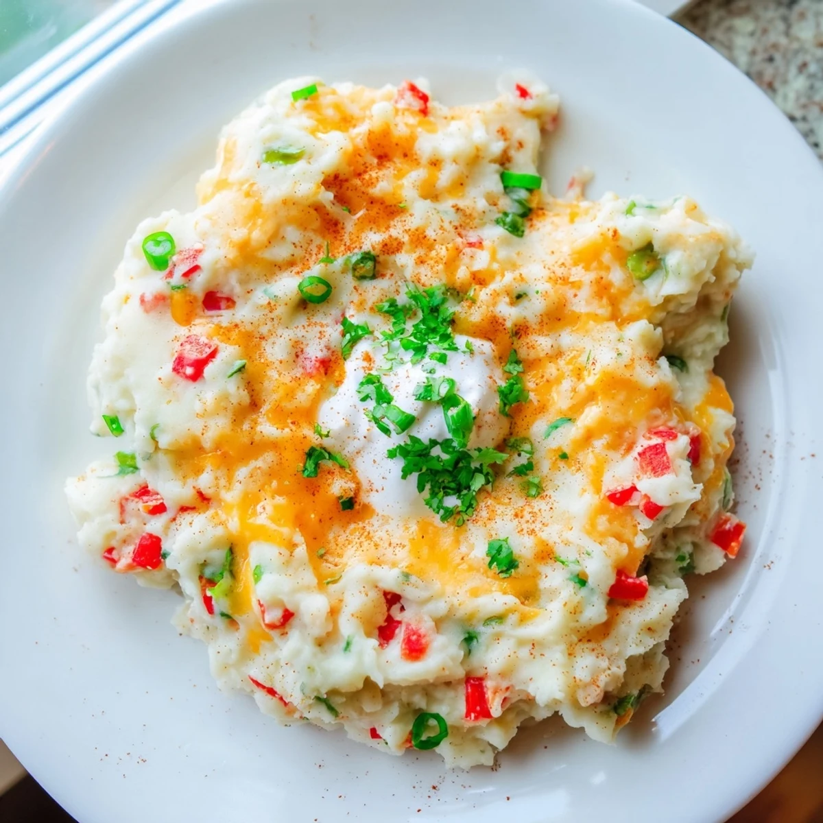 Creamy Tex Mex mashed potatoes topped with melted cheddar and fresh cilantro