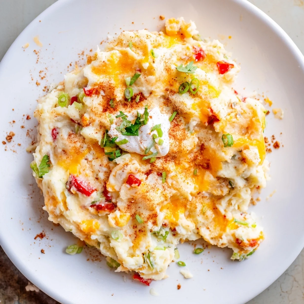 Golden Tex Mex mashed potatoes studded with red bell pepper and jalapeño