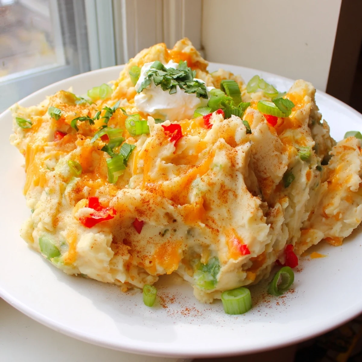Steaming bowl of Tex Mex mashed potatoes garnished with green onions and cilantro