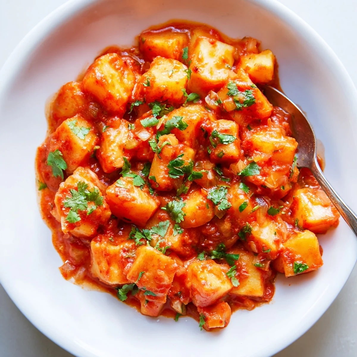 Golden potato cubes smothered in spicy chile tomato sauce served in a skillet