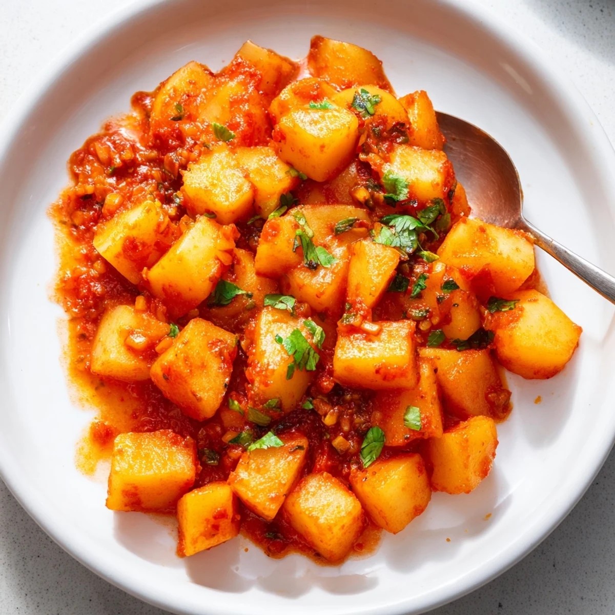 Creamy papas con chile in a rich red sauce garnished with fresh cilantro