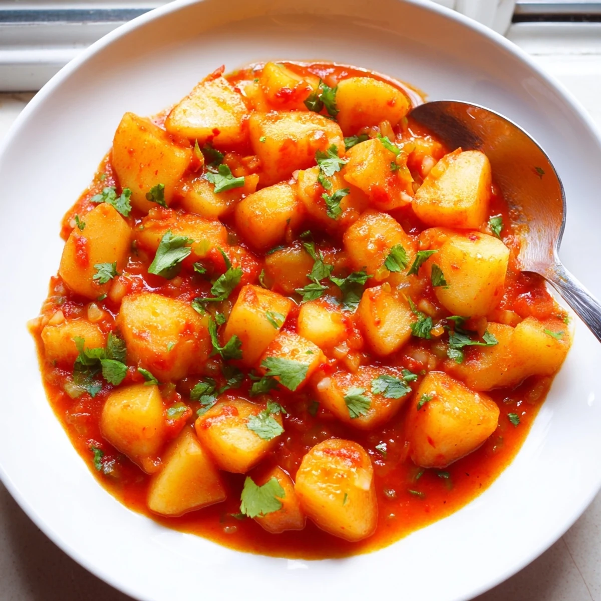 Steamy bowl of papas con chile topped with cilantro beside warm flour tortillas