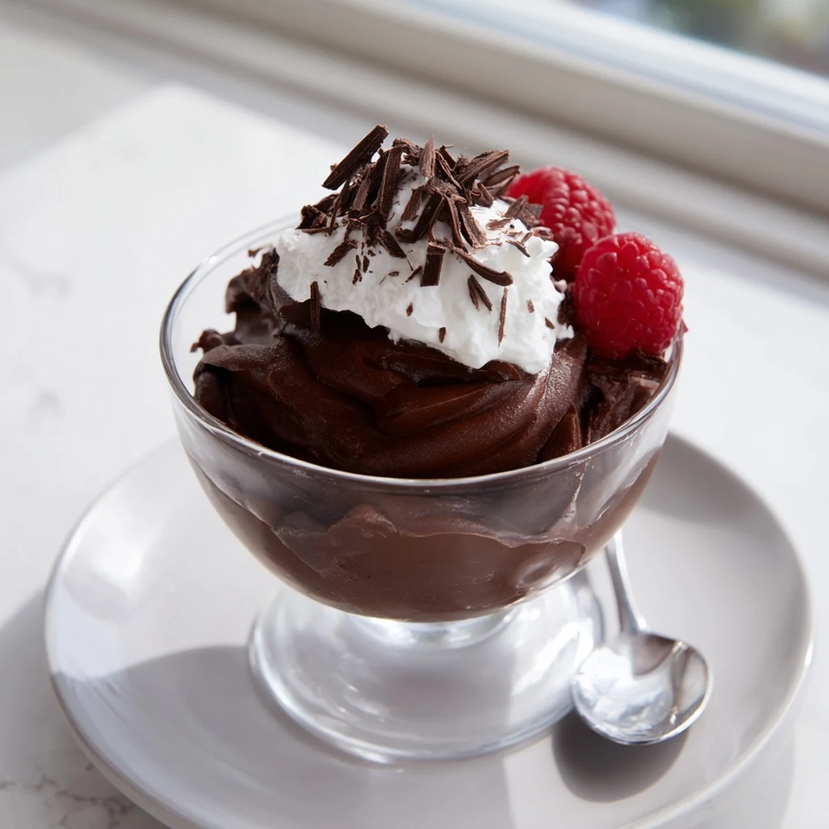 Silky chocolate mousse served in elegant glasses topped with fluffy whipped cream