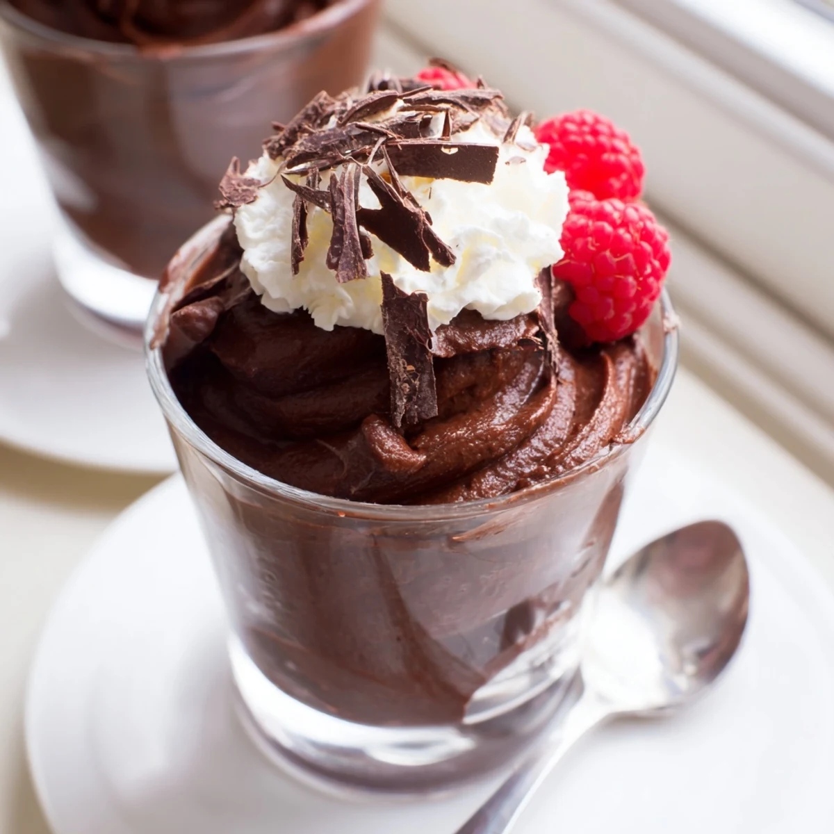 Rich and airy chocolate mousse layered in clear dessert cups with fresh berries