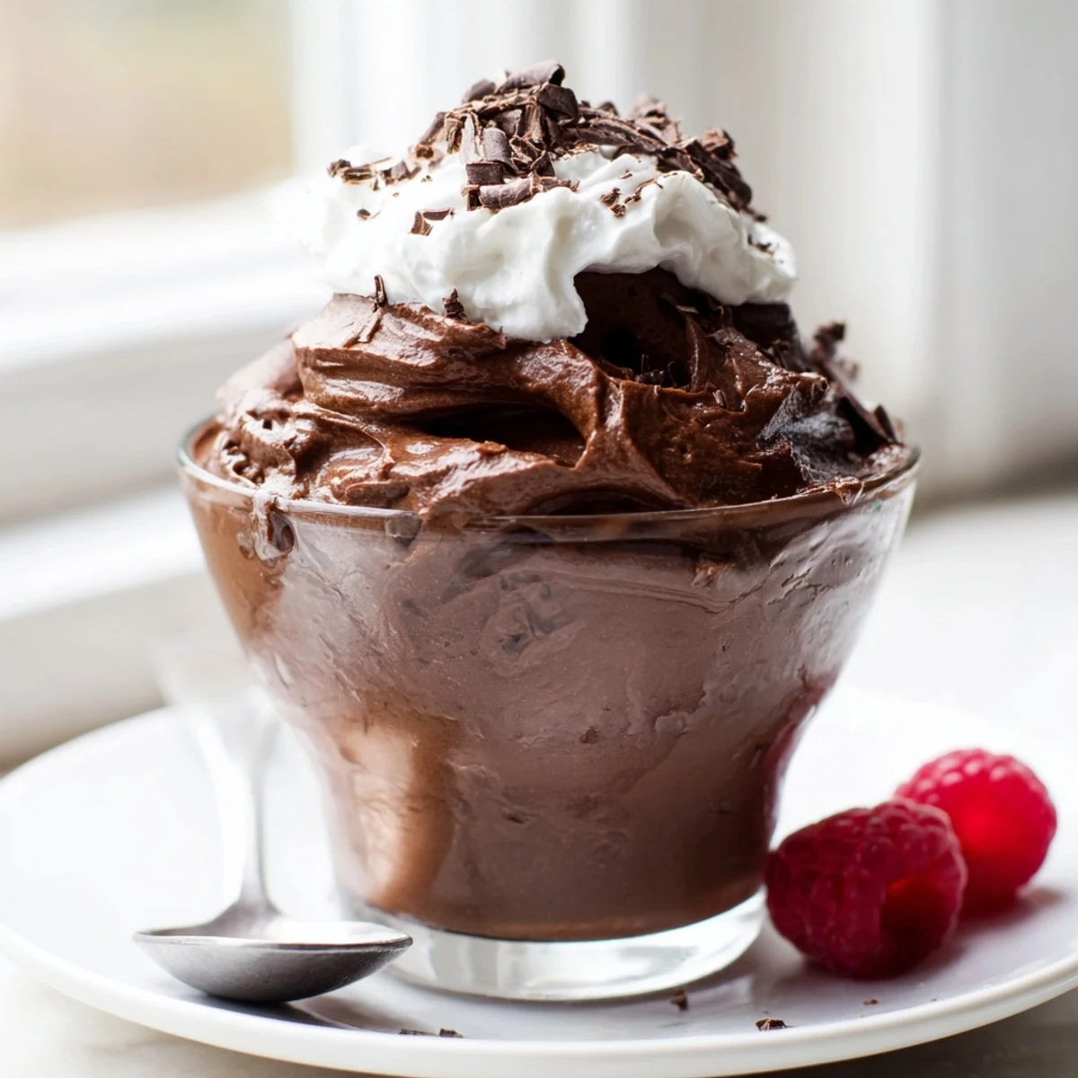 Creamy chocolate mousse garnished with dark chocolate shavings in individual ramekins
