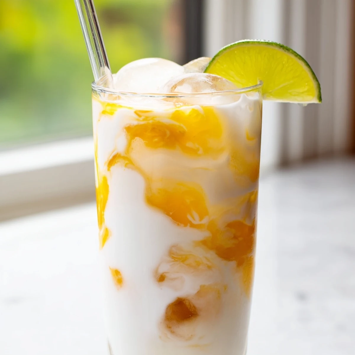 Tropical Thunder Dirty Soda with creamy coconut swirls and fresh lime garnish on ice