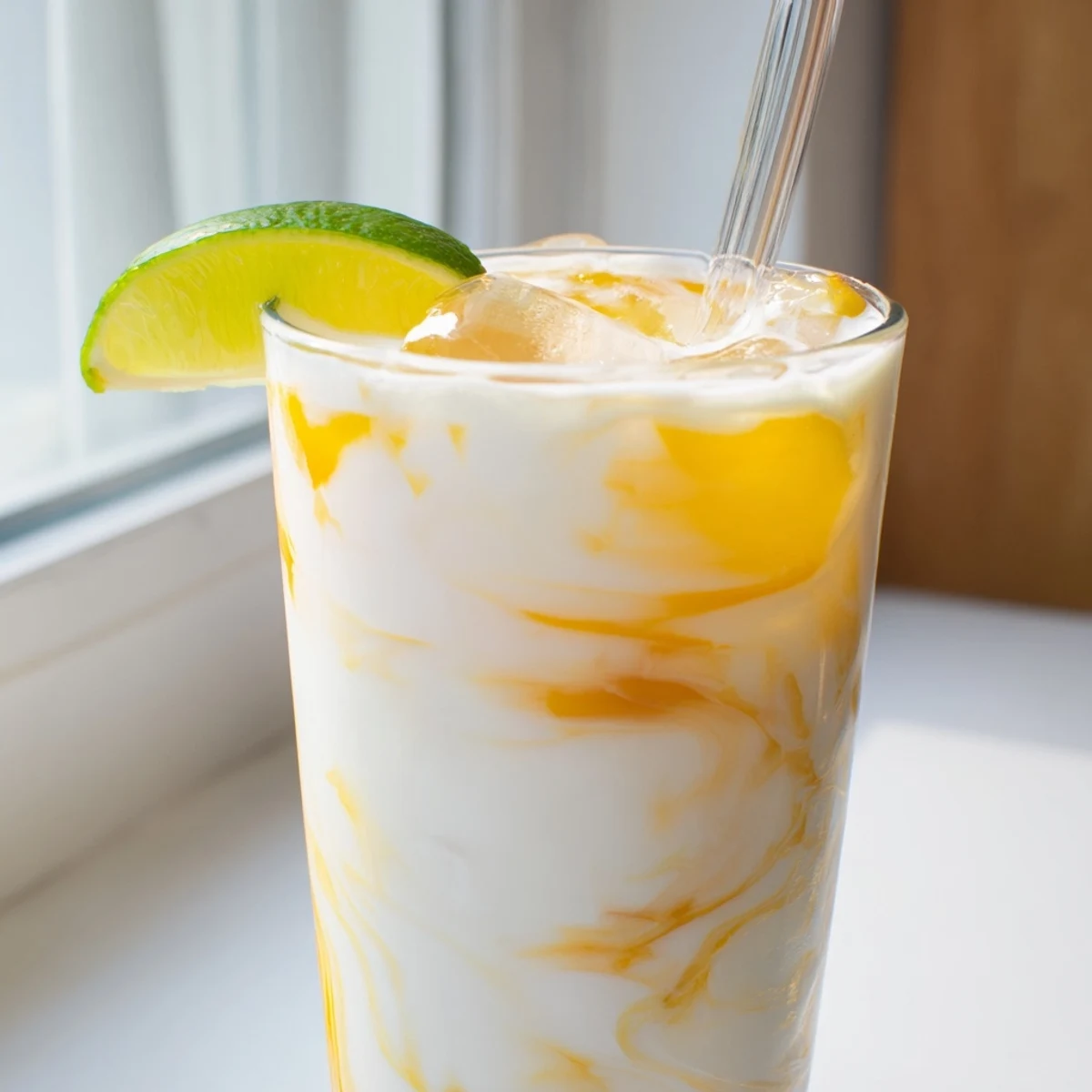 Marbled Tropical Thunder Dirty Soda served in a tall glass with pineapple wedges