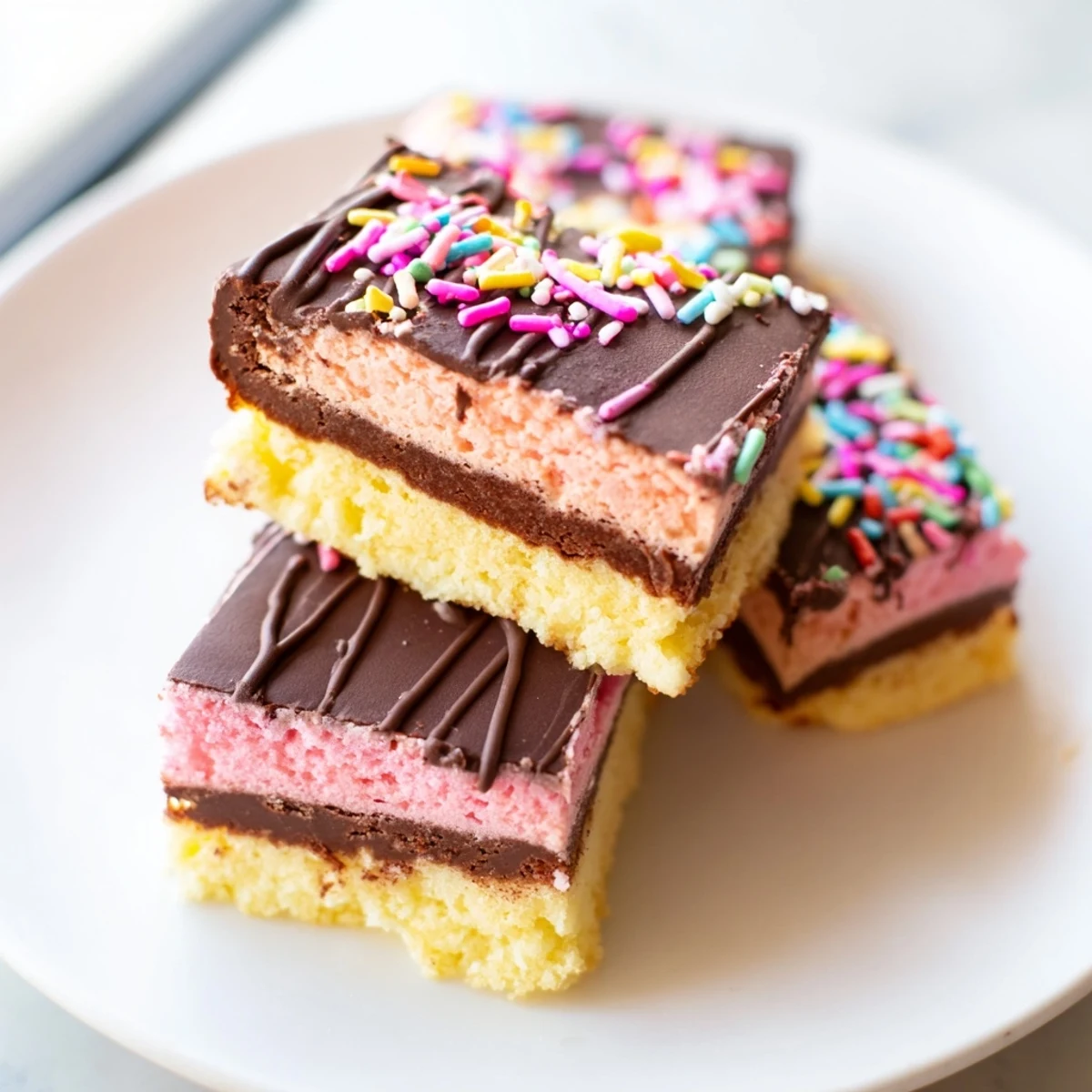 Colorful Neapolitan cookies with chocolate, vanilla, and strawberry layers drizzled with melted chocolate.