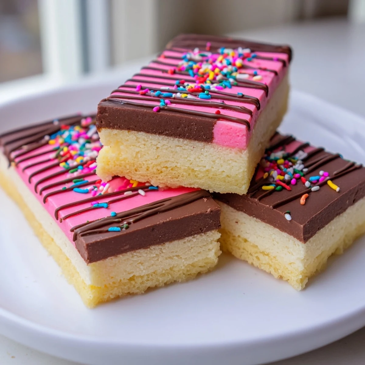 Neapolitan cookies sliced into neat squares showing three distinct flavored dough layers.