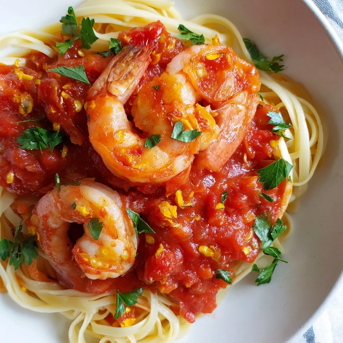 Succulent shrimp fra diavolo in fiery red tomato sauce served over tender linguine pasta