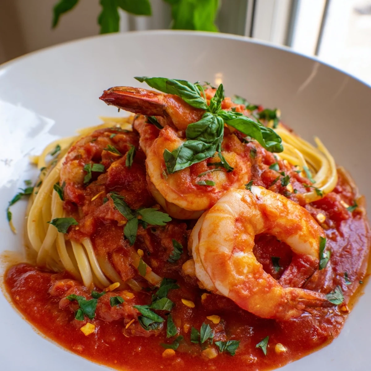Spicy shrimp fra diavolo topped with fresh parsley and bright lemon wedges