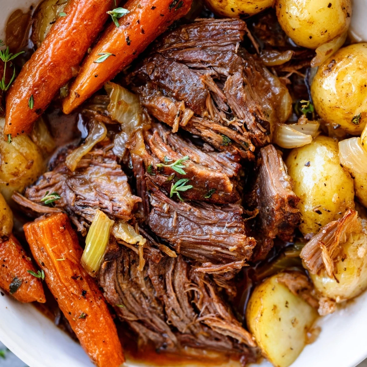 Hearty perfect pot roast surrounded by glazed carrots and savory herbs