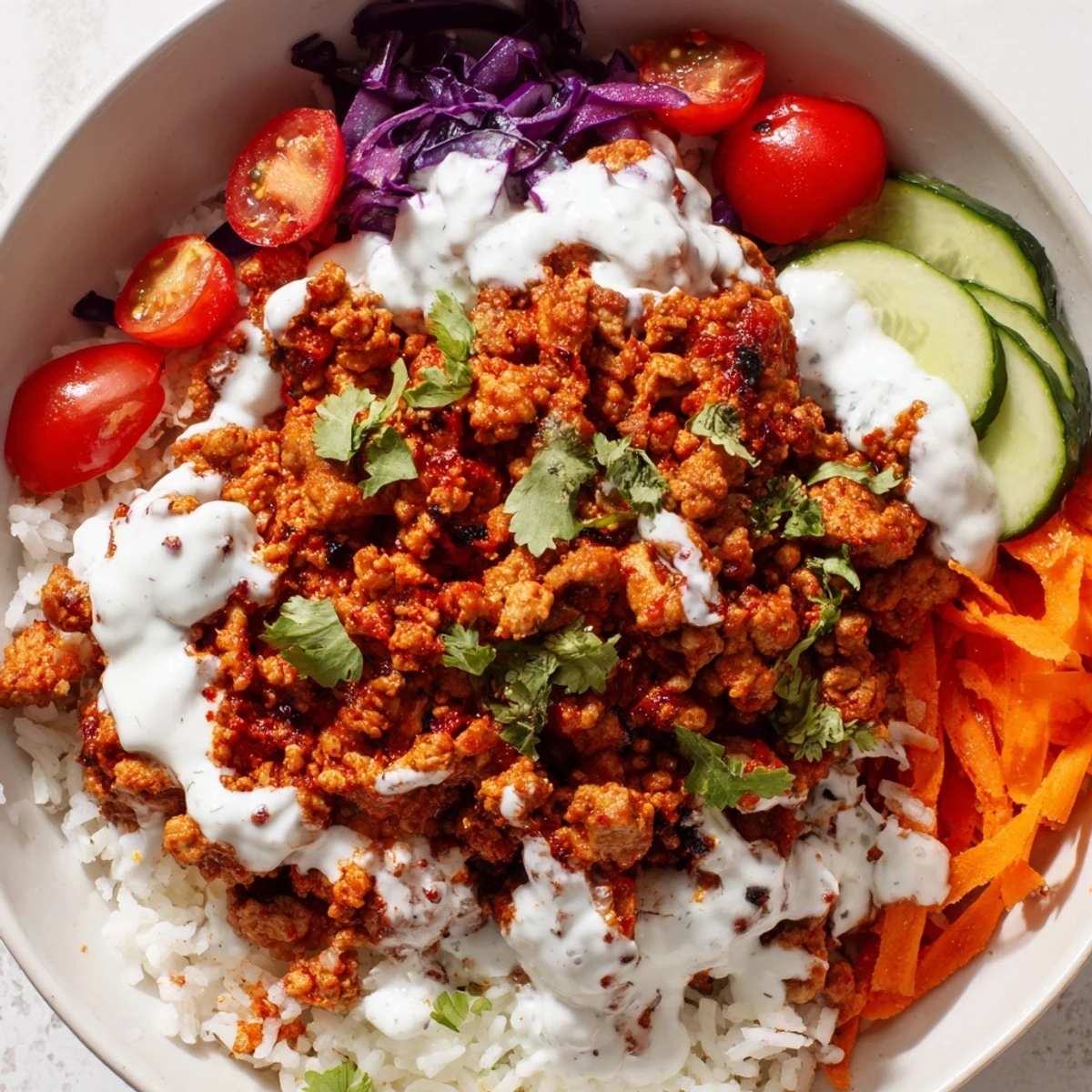Aromatic spiced turkey rice bowls nestled over fluffy jasmine rice with crisp julienned vegetables
