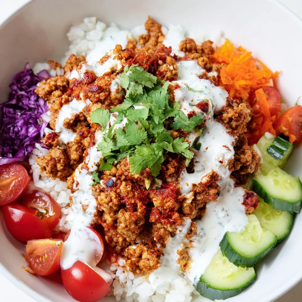 Warm spiced turkey rice bowls topped with colorful fresh vegetables and creamy yogurt sauce drizzle