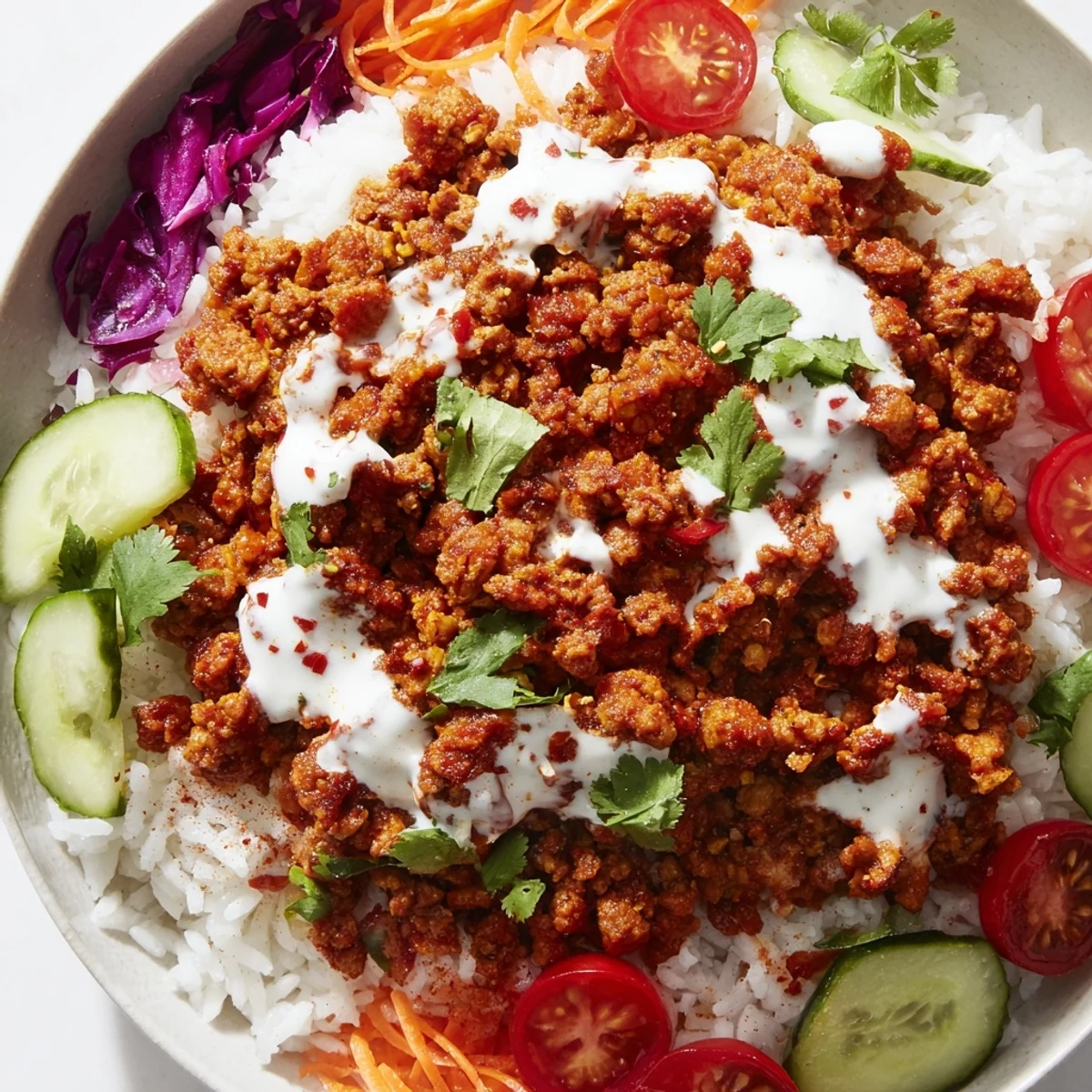 Golden spiced ground turkey piled over steamed rice bowls with bright herbs and lime wedges