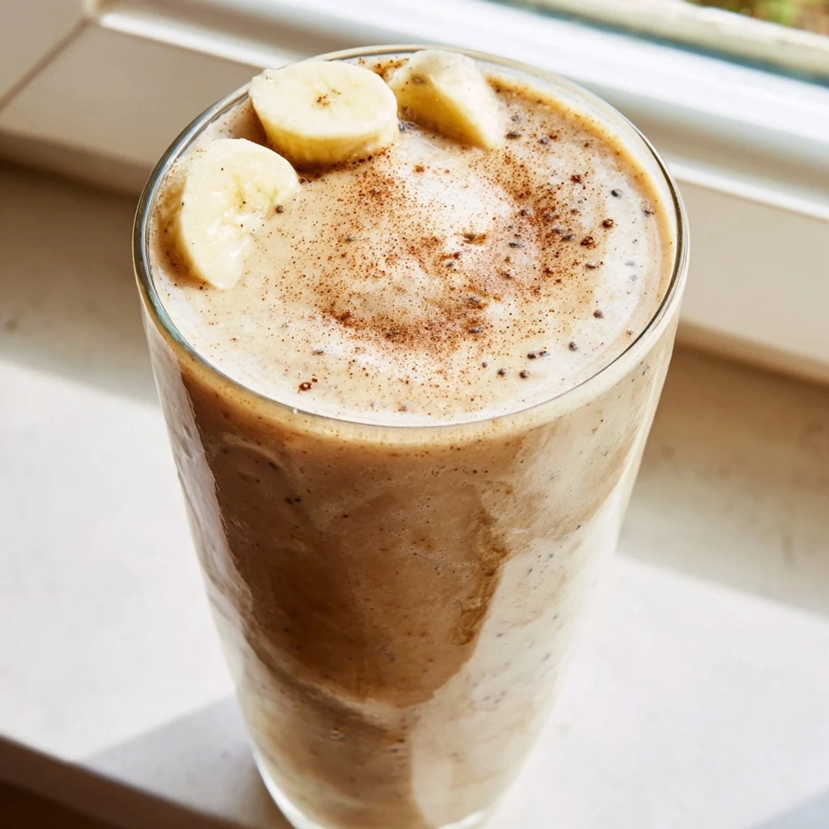 Creamy banana protein coffee smoothie topped with a frothy, golden foam layer
