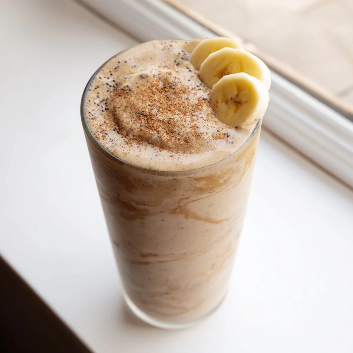 Rich banana protein coffee smoothie poured into a tall glass with ice