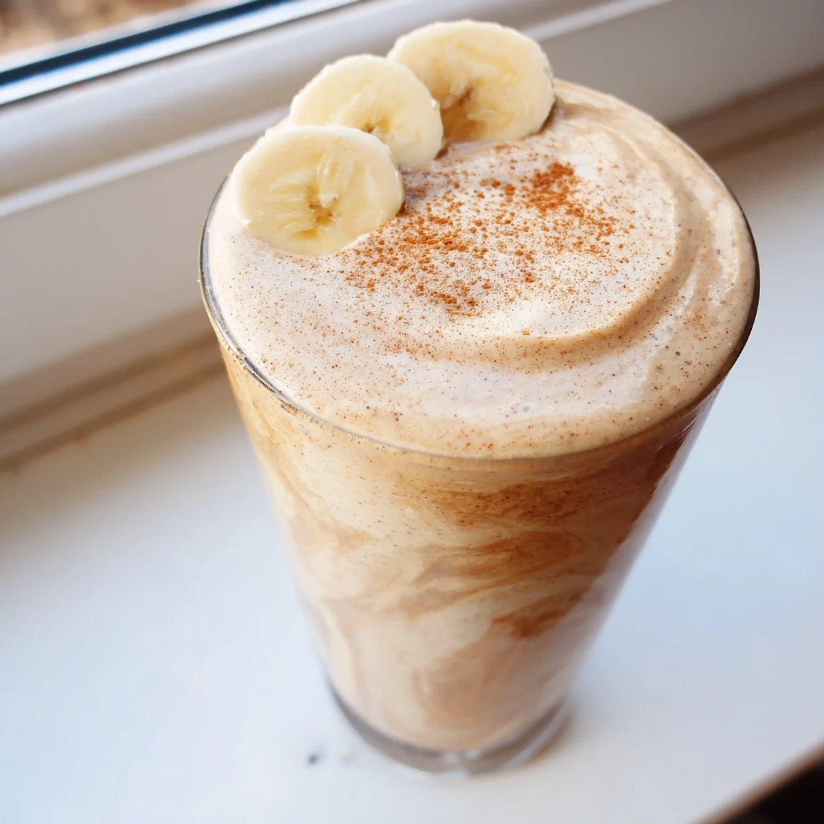 Thick banana protein coffee smoothie swirled with cinnamon beside fresh ripe bananas