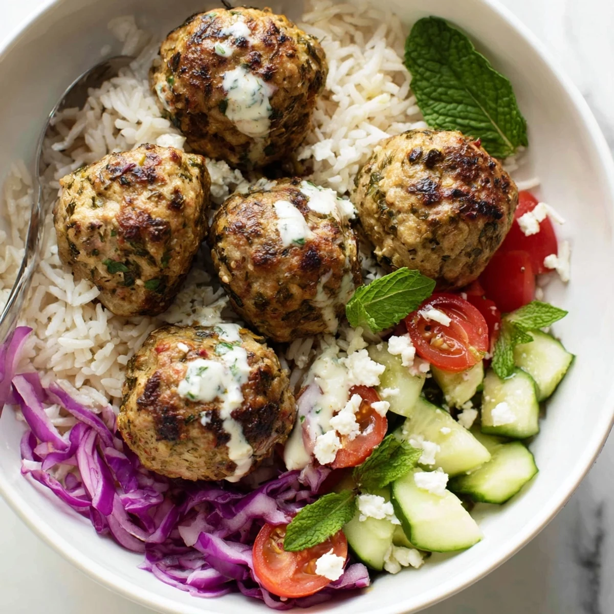 Golden zaatar turkey meatballs nestled over fluffy rice with colorful crisp vegetables and creamy tahini sauce