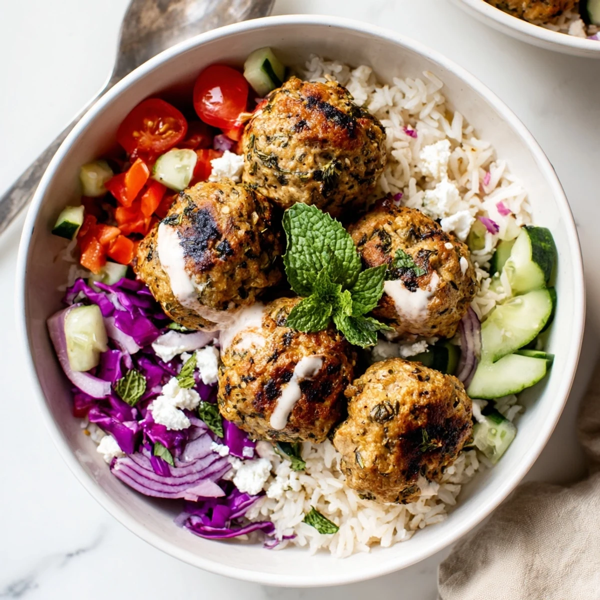 Mediterranean zaatar turkey meatball bowls drizzled with rich tahini and topped with fresh lemon wedges